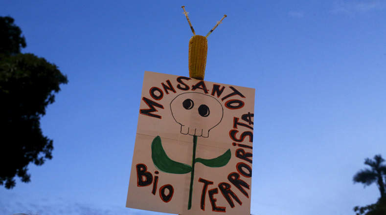"Monsanto bioterrorista", uno de los carteles en las protestas que se dio este 23 de mayo en contra de Monsanto en Río de Janeiro, Brasil.