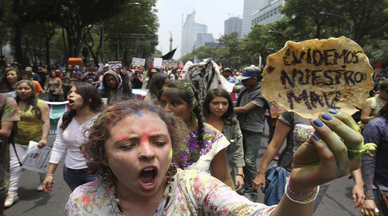 En México los activistas llevaban mensajes como "Cuidemos nuestros maíz".