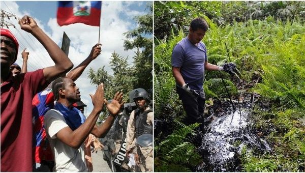 Demonstrators shout anti-government slogans in Port-au-Prince (L), while a man wades through the oil-contaminated area in Ecuador's Amazon region (R).
