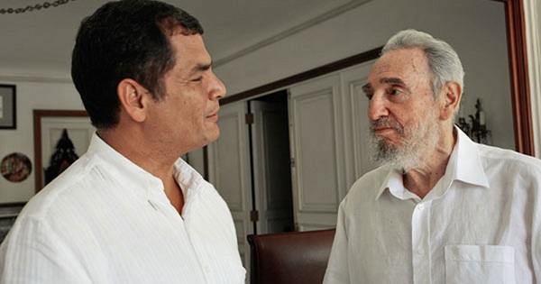 Ecuadorean President Rafael Correa meets Fidel Castro in Cuba in 2009.