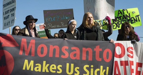 Demonstrators protest Monsanto.