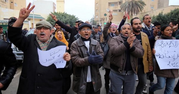 Unemployed protesters shout slogans demanding the government provide job opportunities, as Tunisia marks the sixth anniversary of its 2011 revolution.