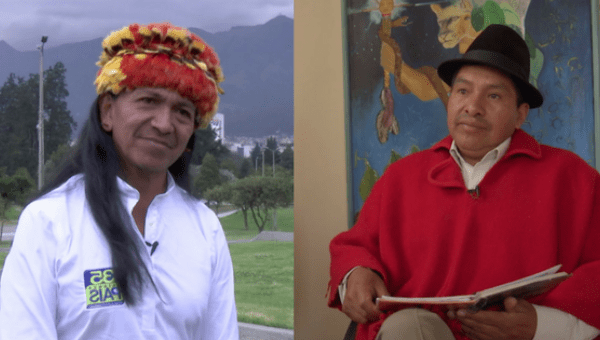 Amazon leader Carlos Viteri Gualinga (L) and Indigenous leader from the Sierra Jorge Herrera have differing views on Ecuadorean politics.