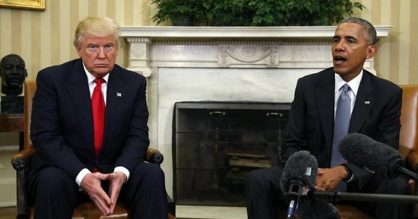 Barack Obama and Donald Trump meet in the White House Oval Office, Washington, U.S., Nov. 10, 2016.