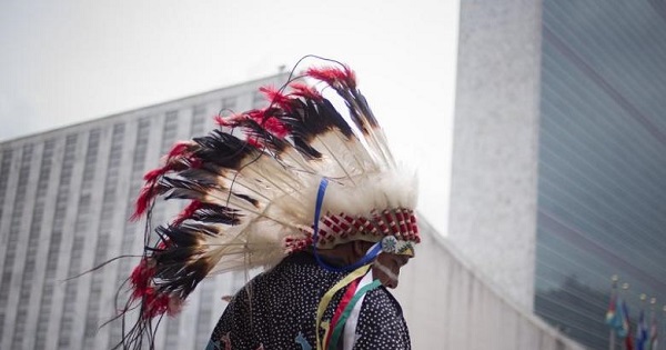 Members of the Dakota Nation (Sioux) Native American tribe arrive at the International Day of the World's Indigenous Peoples outside the U.N.