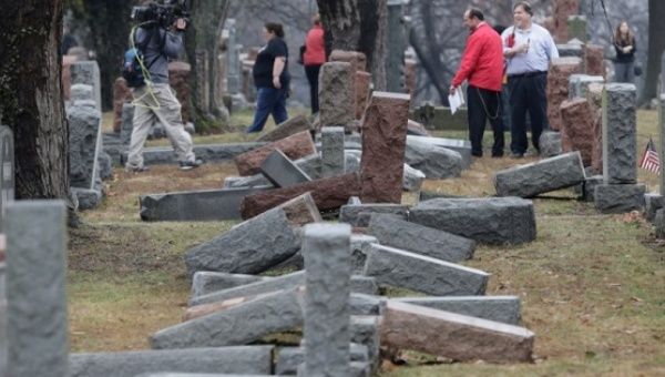 More than 170 Jewish headstones are toppled after a weekend of vandalism. attack on Chesed Shel Emeth Cemetery in a suburb of St Louis, Missouri.