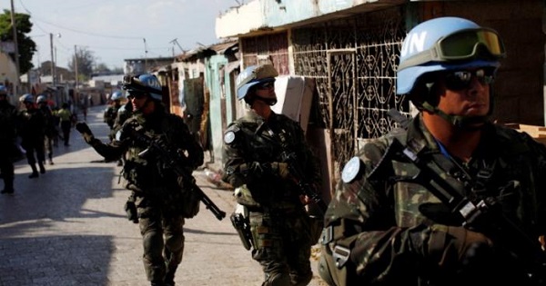 U.N. peacekeepers patrol the neighborhood of Cite Soleil together with Haitian national police officers and members of UNPOL (United Nations Police) in Port-au-Prince, Haiti, Mar. 3, 2017.