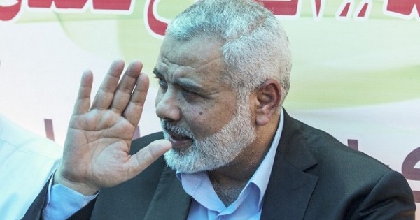 Hamas chief, Ismail Haniyeh, gestures as he meets with protesters at a sit-in supporting Palestinian hunger-striking prisoners held in Israeli jails, in Gaza City, May 8.