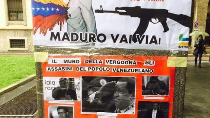 En la Embajada de Venezuela en Milán, Italia, reeditaron un mural que llamaron el muro de la vergüenza donde se ven las fotos de los líderes de la Revolución Bolivariana.