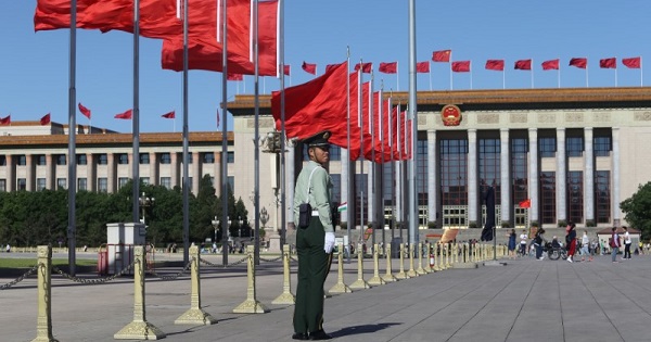 Chinese flags flutter at Tiananmen Square in Beijing, China, on May 13, 2017.