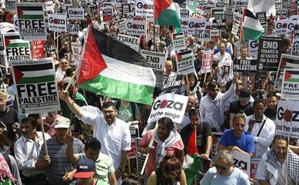Demonstrators protest outside the Israeil Embassy in west London July 26, 2014.