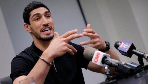 Turkish NBA player Enes Kanter speaks about the revocation of his Turkish passport and return to the United States, in New York, May 22, 2017.