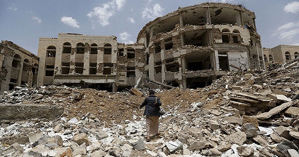 A government compound hit by a Saudi-led air strikes in the northwestern city of Amran, Yemen, July 2015.