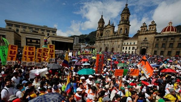 Colombian teachers and unions protest, demanding better salaries and working conditions, in Bogota