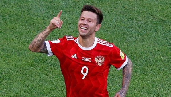Russia’s Fedor Smolov celebrates scoring their second goal in St.Petersburg, Russia, June 17, 2017.