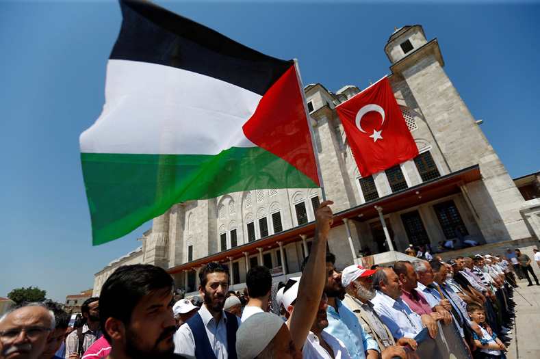Demonstrators take part in a protest marking the annual al-Quds Day, or Jerusalem Day, at the courtyard of Fatih mosque in Istanbul, Turkey June 23, 2017.