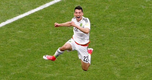 Mexico's Hirving Lozano celebrates scoring their second goal at the FIFA Confederations Cup in, Kazan, Russia, June 24, 2017.