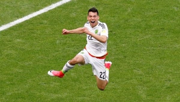 Mexico's Hirving Lozano celebrates scoring their second goal at the FIFA Confederations Cup in, Kazan, Russia, June 24, 2017.