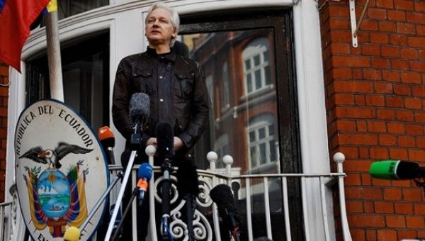 WikiLeaks founder Julian Assange speaks from the Ecuadorian embassy in London.