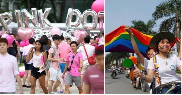 Pink Dot in Singapore (left), Vietnam's first LGBT Pride in Hanoi in August, 2012 (right).