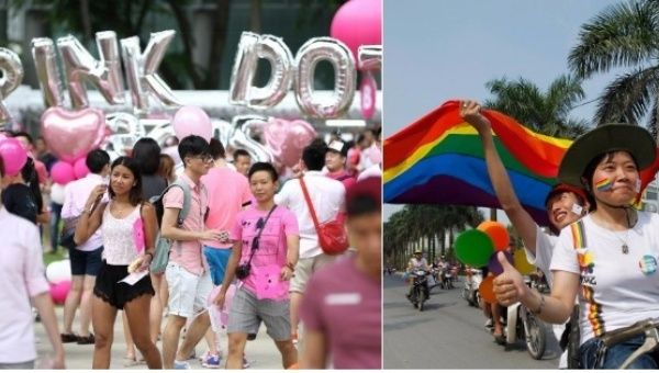 Pink Dot in Singapore (left), Vietnam's first LGBT Pride in Hanoi in August, 2012 (right).