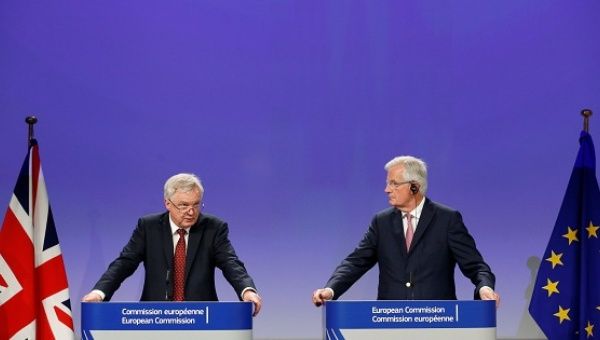 Britain's David Davis and European Union's chief Brexit negotiator Michel Barnier hold a joint news conference in Brussels, Belgium, on July 20, 2017.