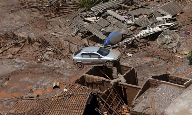 Debris is pictured in Bento Rodigues district, which was covered with mud after a dam owned by Vale SA and BHP Billiton Ltd burst, in Mariana, Brazil.