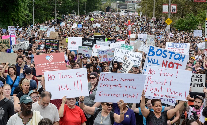 A large crowd of people gathers ahead of the Boston Free Speech Rally in Boston, Massachusetts, U.S., on August 19, 2017.