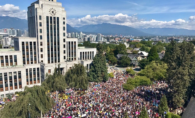 Crowds turn out for the counter-protest at Vancouver city hall.