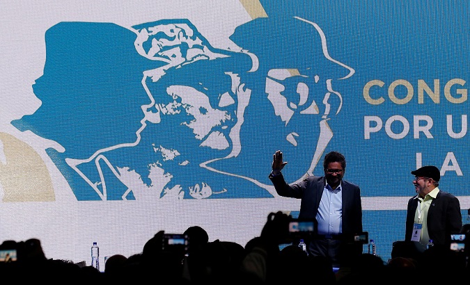 FARC leaders Ivan Marquez and Timochenko during the opening of the group’s historic congress in Bogota, Colombia.