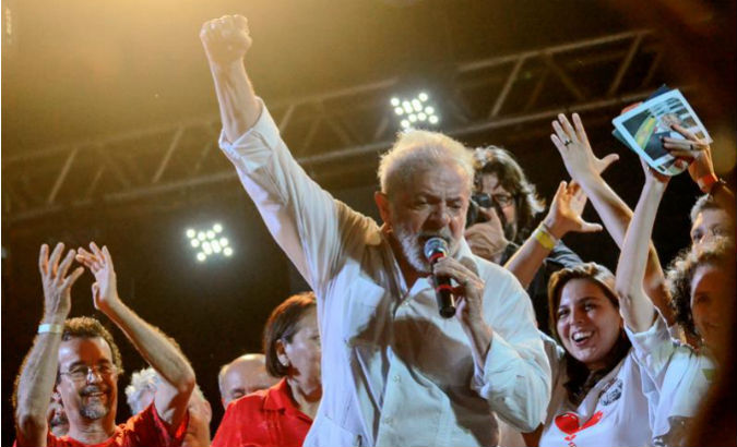 Former Brazilian President Luiz Inacio Lula da Silva speaks in Mossoro, Rio Grande do Norte.