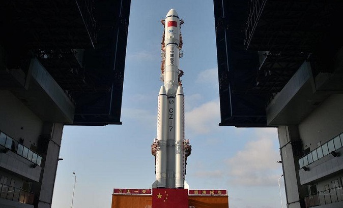 Long March-7 rocket and Tianzhou-1 cargo spacecraft in Wenchang, Hainan province, China, April 17, 2017.