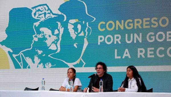 FARC members Mariana Zambrano, Pastor Alape and Sandra Milena Pulido address the Congress, Bogota, Colombia, August 27, 2017