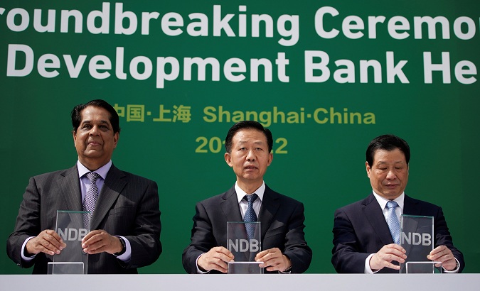 Officials attend a groundbreaking ceremony at New Development Bank permanent headquarters building in Shanghai, China, on September 2, 2017.