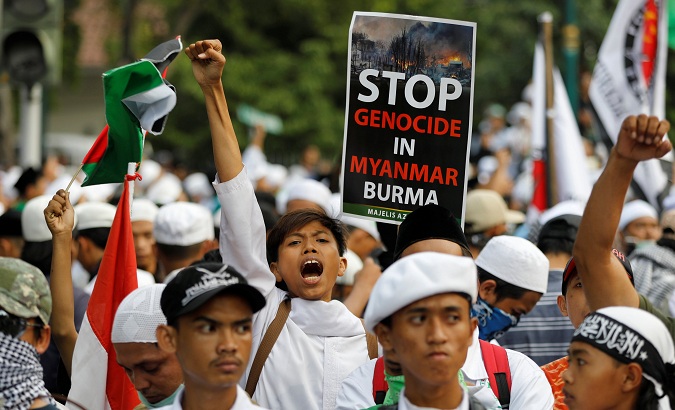 A man shouts during a protest against the treatment of Rohingya Muslims, in Jakarta, Indonesia, on September 6, 2017.