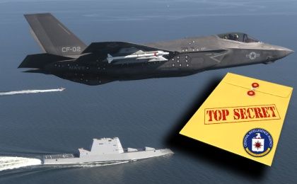 The missile control technology revealed by WikiLeaks is used in such fifth-generation strike fighters as the F-35 Lightning II Carrier Variant, seen here flying over the stealth guided-missile destroyer USS Zumwalt.