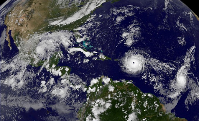 Hurricane Irma, a record Category 5 storm is shown in this NASA GOES satellite image taken at 1715 EDT (2215 GMT) on September 5, 2017.
