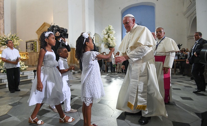 Pope Francis during a visit to the Sanctuary of St. Peter Claver, Cartagena, Colombia, 10 September 2017.