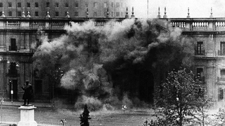 The Chilean presidential palace La Moneda under fire during the coup, Sept. 11, 1973.