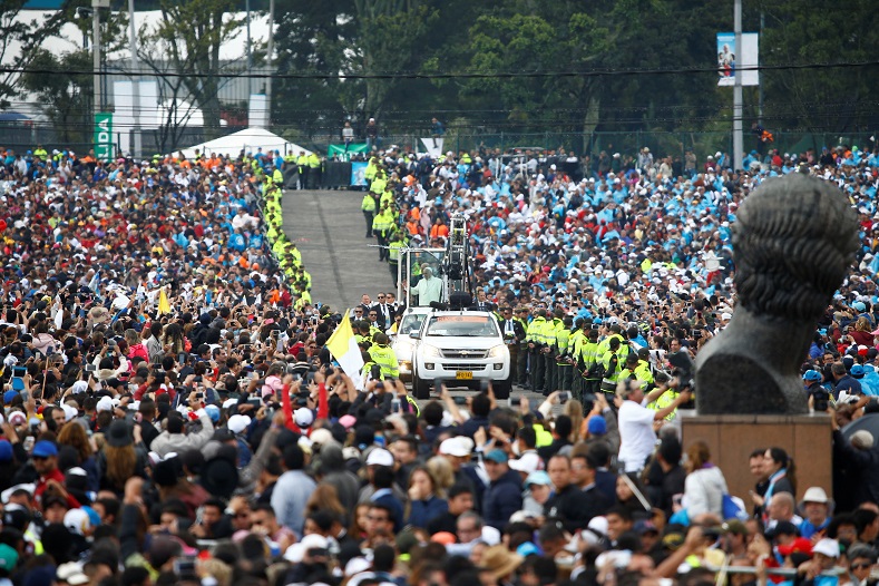 Pope Francis arrives for a mass at Simon Bolivar park in Bogota, Colombia, Sept. 7, 2017.