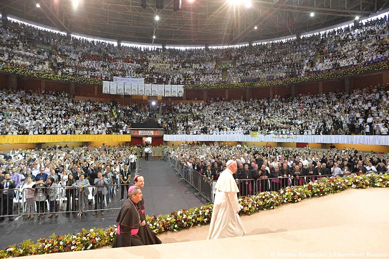 Pope Francis participates in an activity for priests, religious members and their families at La Macarena stadium in Medellin, Colombia, Sept. 9, 2017.