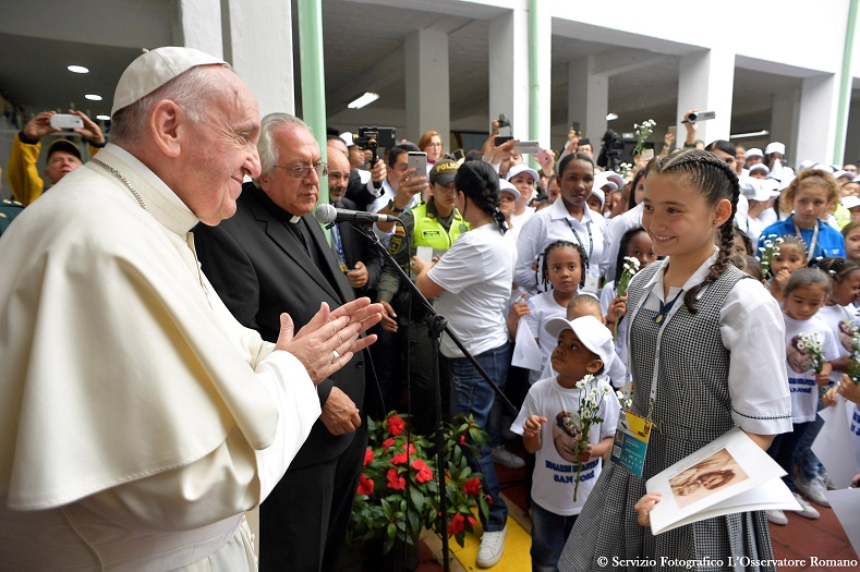 Pope Francis visits the Hogar San Jose orphanage in Medellin, Colombia, Sept. 9, 2017. 