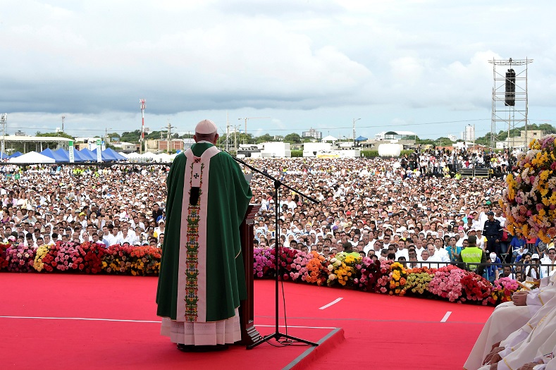 Pope Francis leads a mass at the Contecar harbor in Cartagena, Colombia, Sept. 10, 2017.