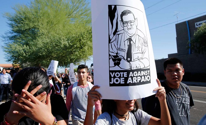 Students protest against Sheriff Joe Arpaio, who lost his election bid, Phoenix, Arizona, Nov. 8, 2016.