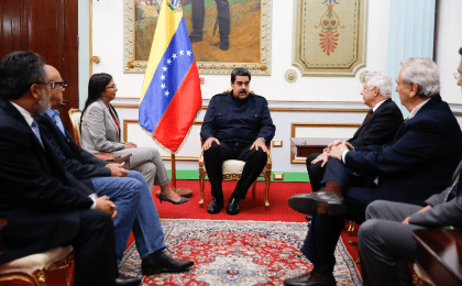 The Venezuelan President Nicolas Maduro holds talks with the Parlasur leader Arlindo Chinaglia at Miraflores Palace in Caracas, Venezuela, September 15, 2017