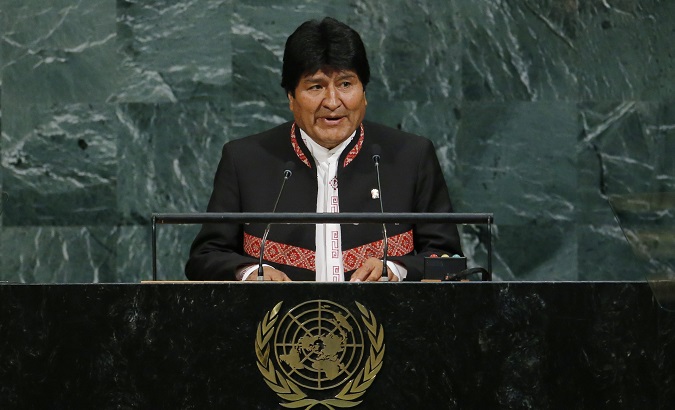The Bolivian President Evo Morales addresses the United Nations General Assembly in New York