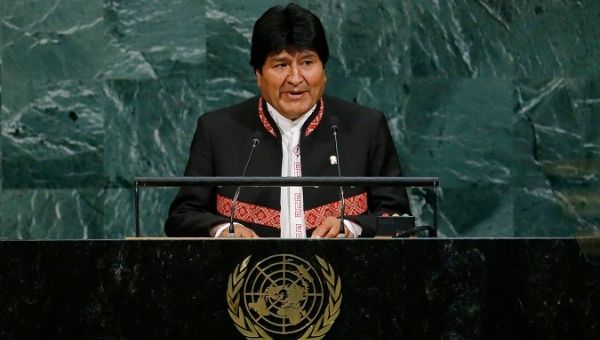 The Bolivian President Evo Morales addresses the United Nations General Assembly in New York