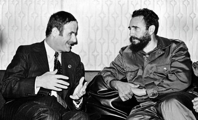 Cuban revolutionary leader Fidel Castro speaks with former Syrian President Hafez al-Assad on September 9th, 1973 in Damascus.