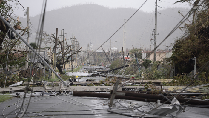 Postes y líneas eléctricas yacen tendidas tras el paso del huracán en Puerto Rico.