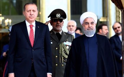 Turkish President Tayyip Erdogan is seen with Iranian President Hassan Rouhani during a welcoming ceremony in Tehran, Iran, Oct. 4, 2017. 